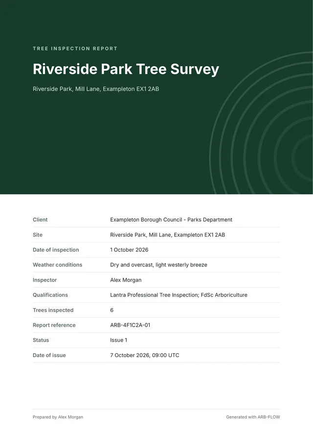 Report cover for the Riverside Park Tree Survey: a deep green band with concentric arcs, then the client, site, inspection date, inspector, report reference ARB-4F1C2A-01 and Issue 1.
